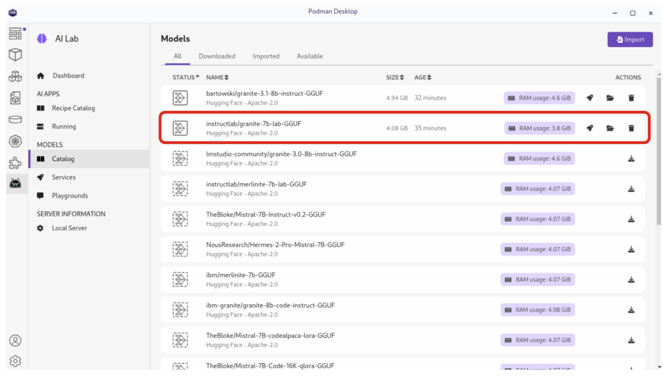 Podman AI Lab Model Catalog Tabs