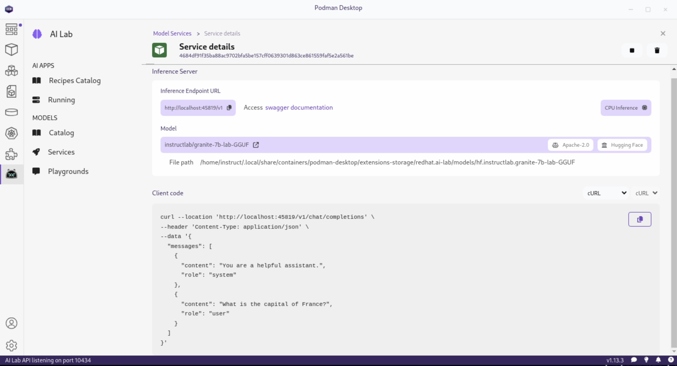 Podman AI Lab Model Service Details