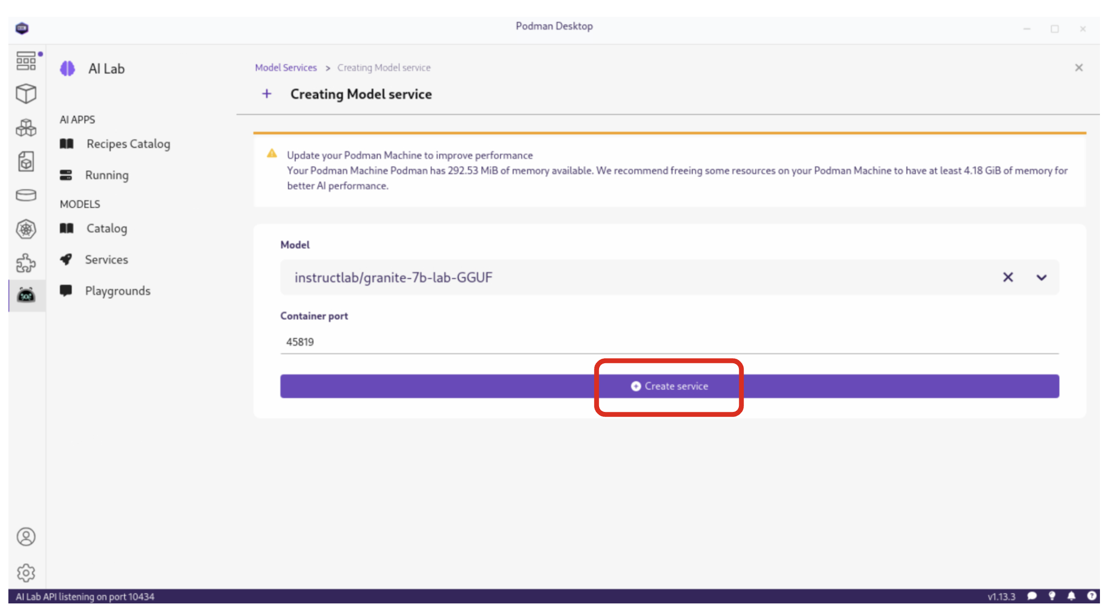 Podman AI Lab Model Service New