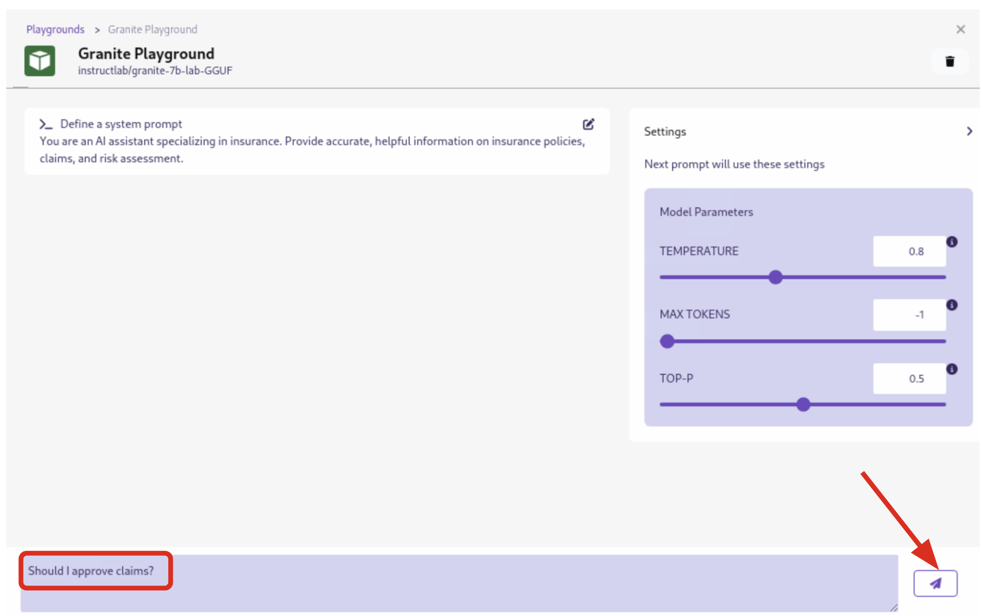 Podman AI Lab Playground execute query