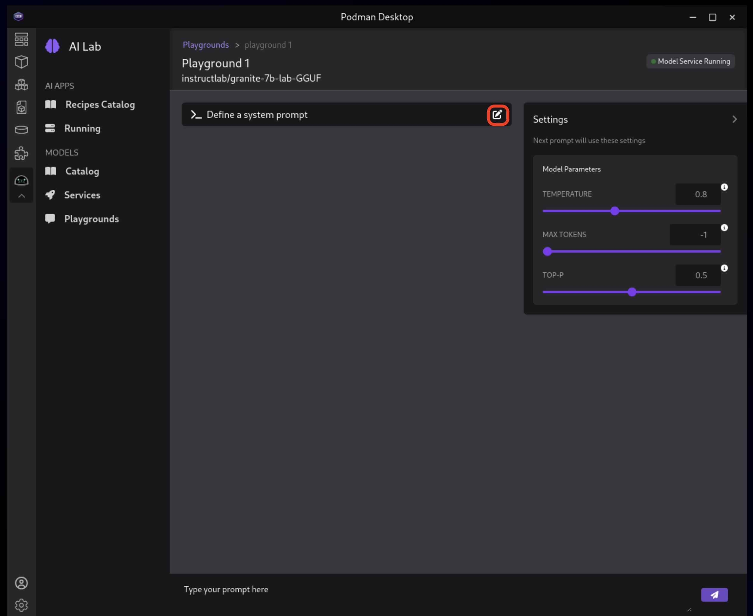 Podman AI Lab Playground Settings