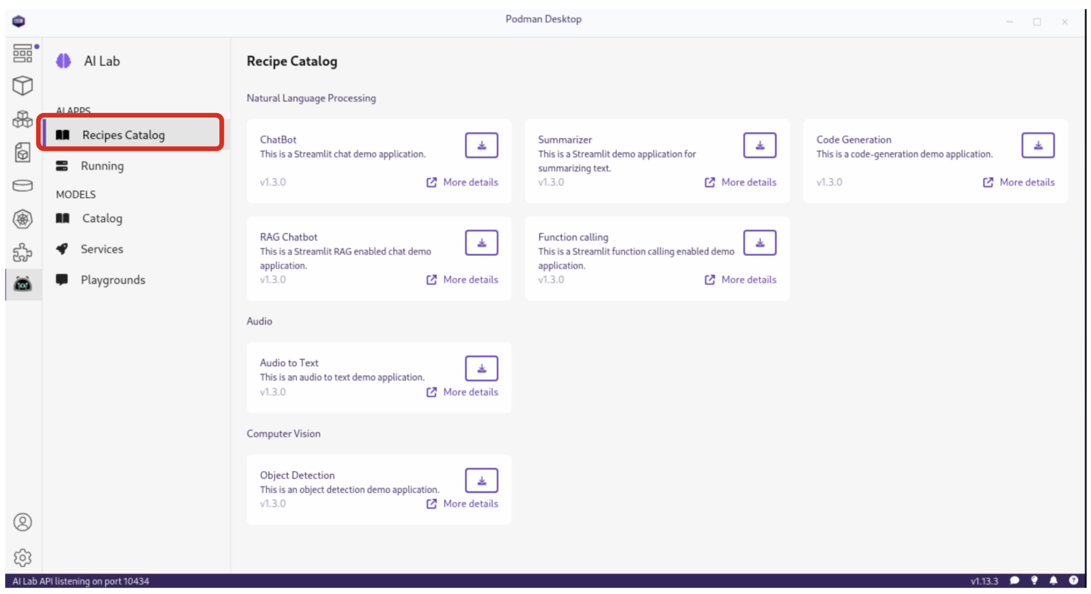 Podman AI Lab Recipes Catalog Menu