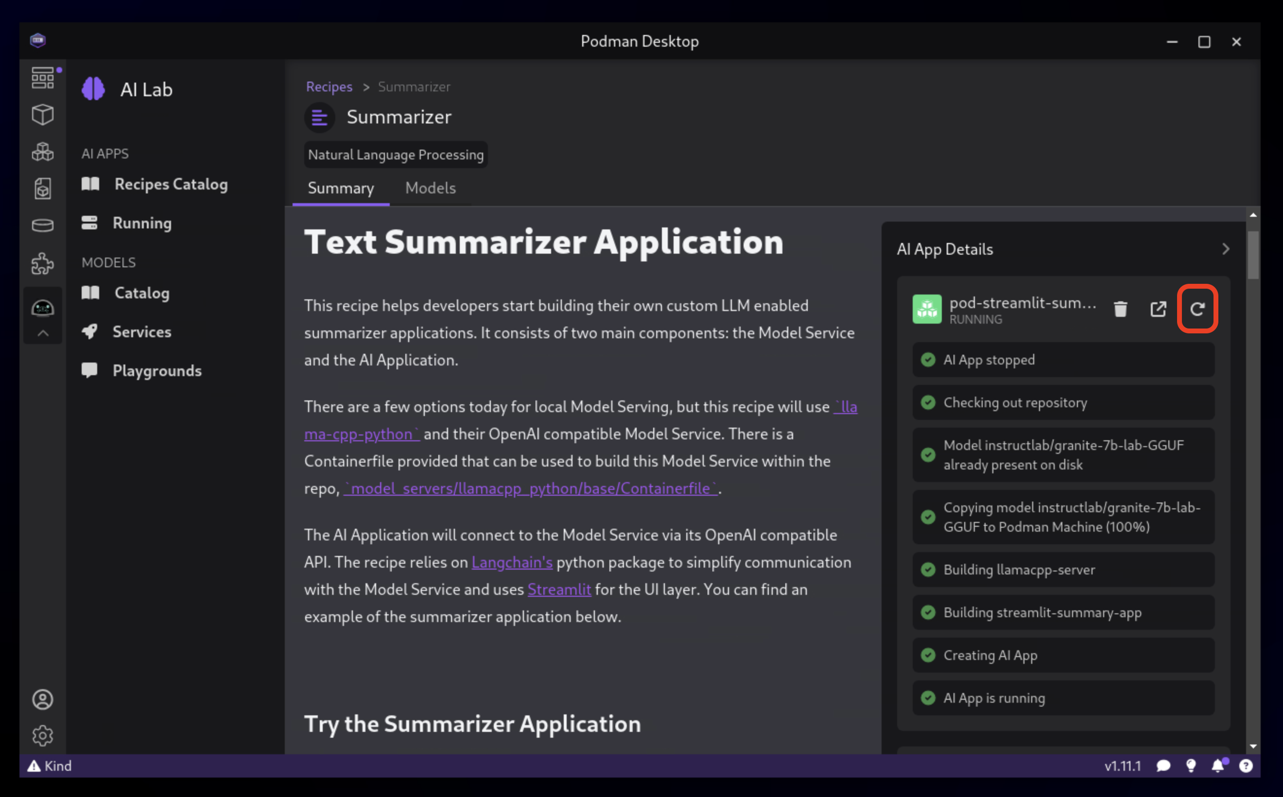 Podman AI Lab Text Summarization Application Restart