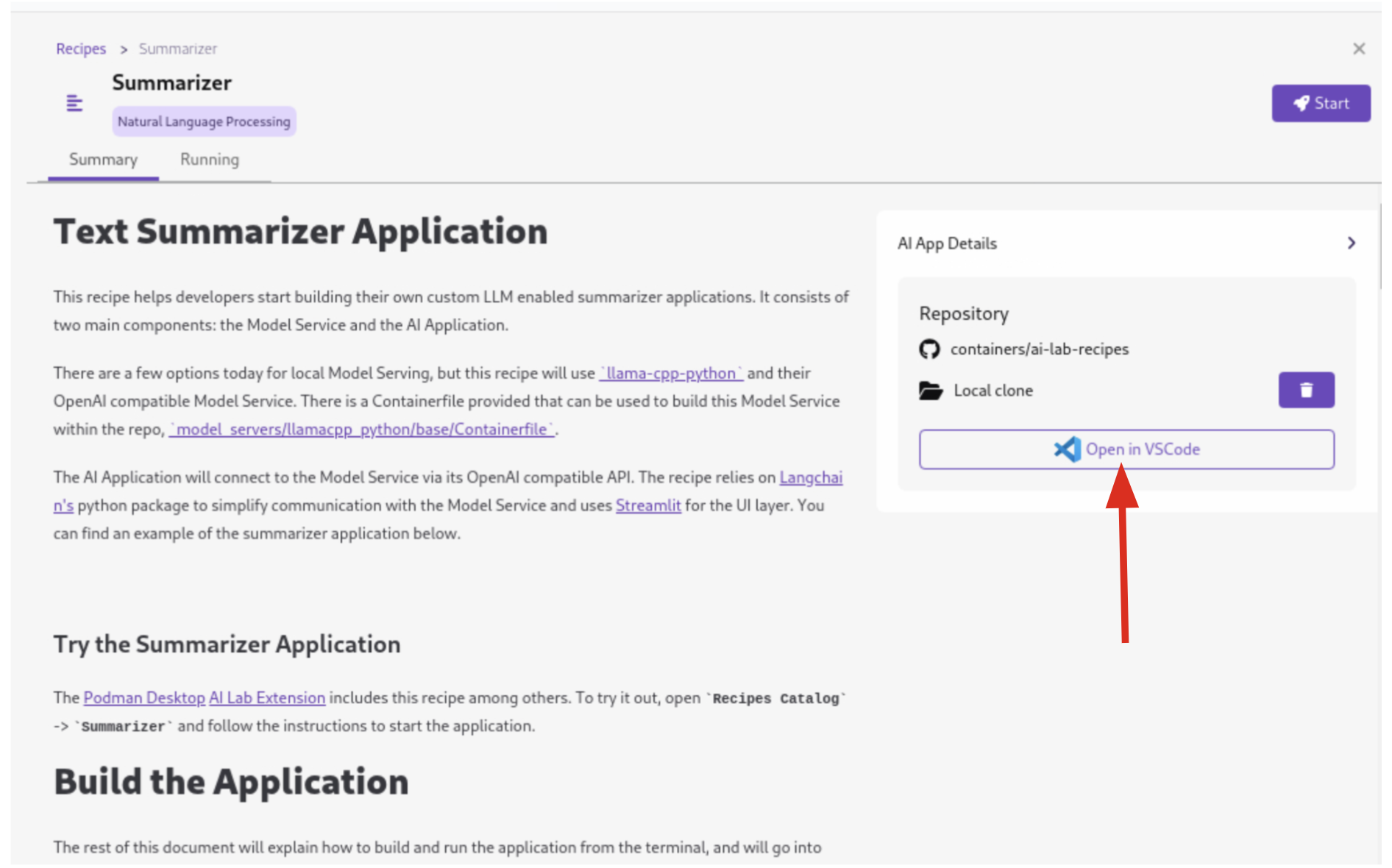 Podman AI Lab Text Summarization Application VSCode