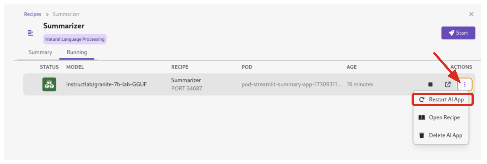 Podman AI Lab Text Summarization Application Restart